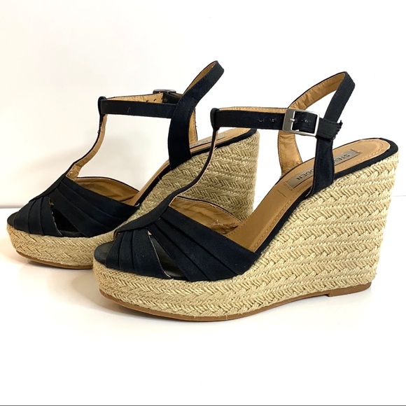 Steve Madden Women's Radley Espadrille Wedge T-Strap Peep Toe Sandal in Black - Picture 6 of 16